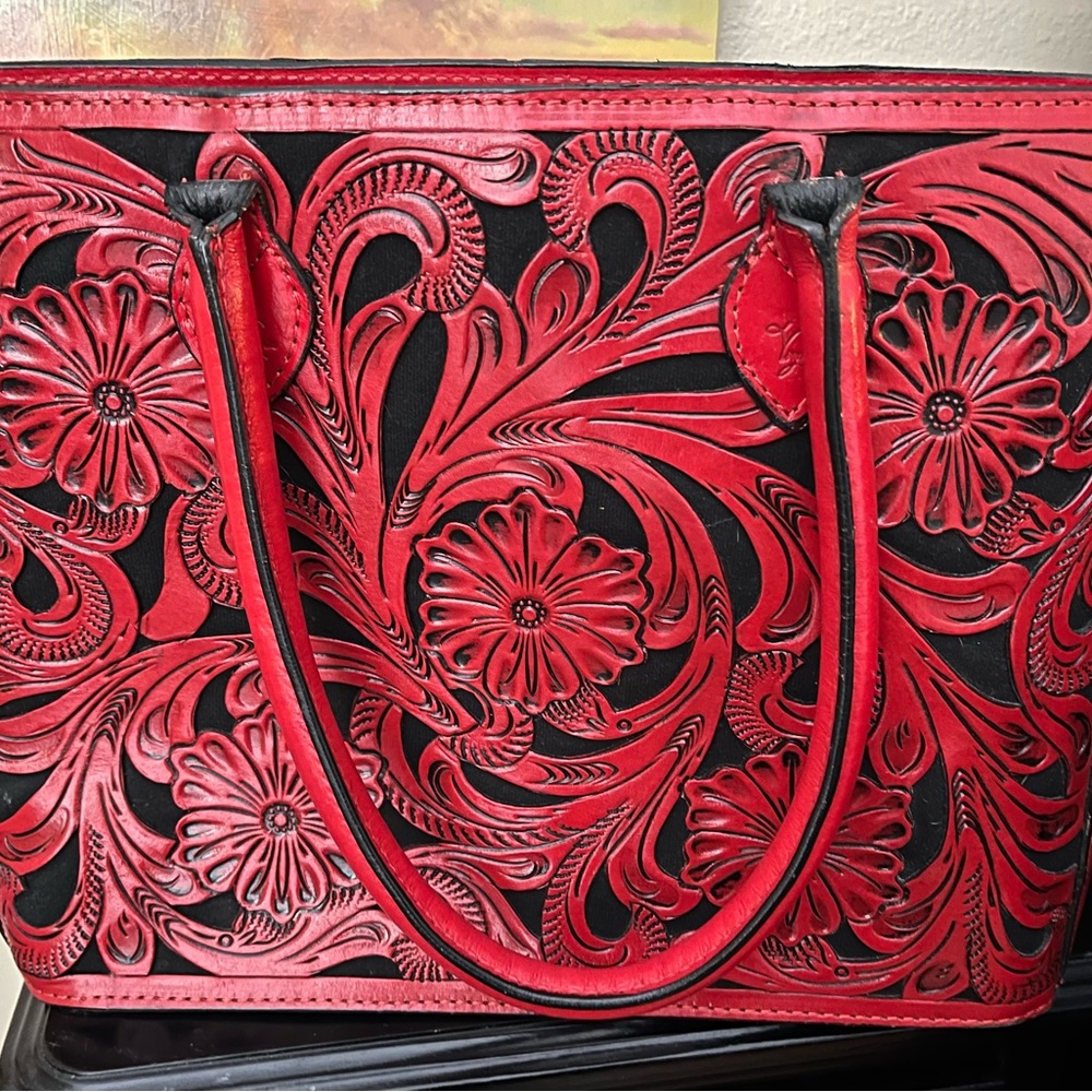 Stunning Hand Tooled Leather Cherry Red Handbag